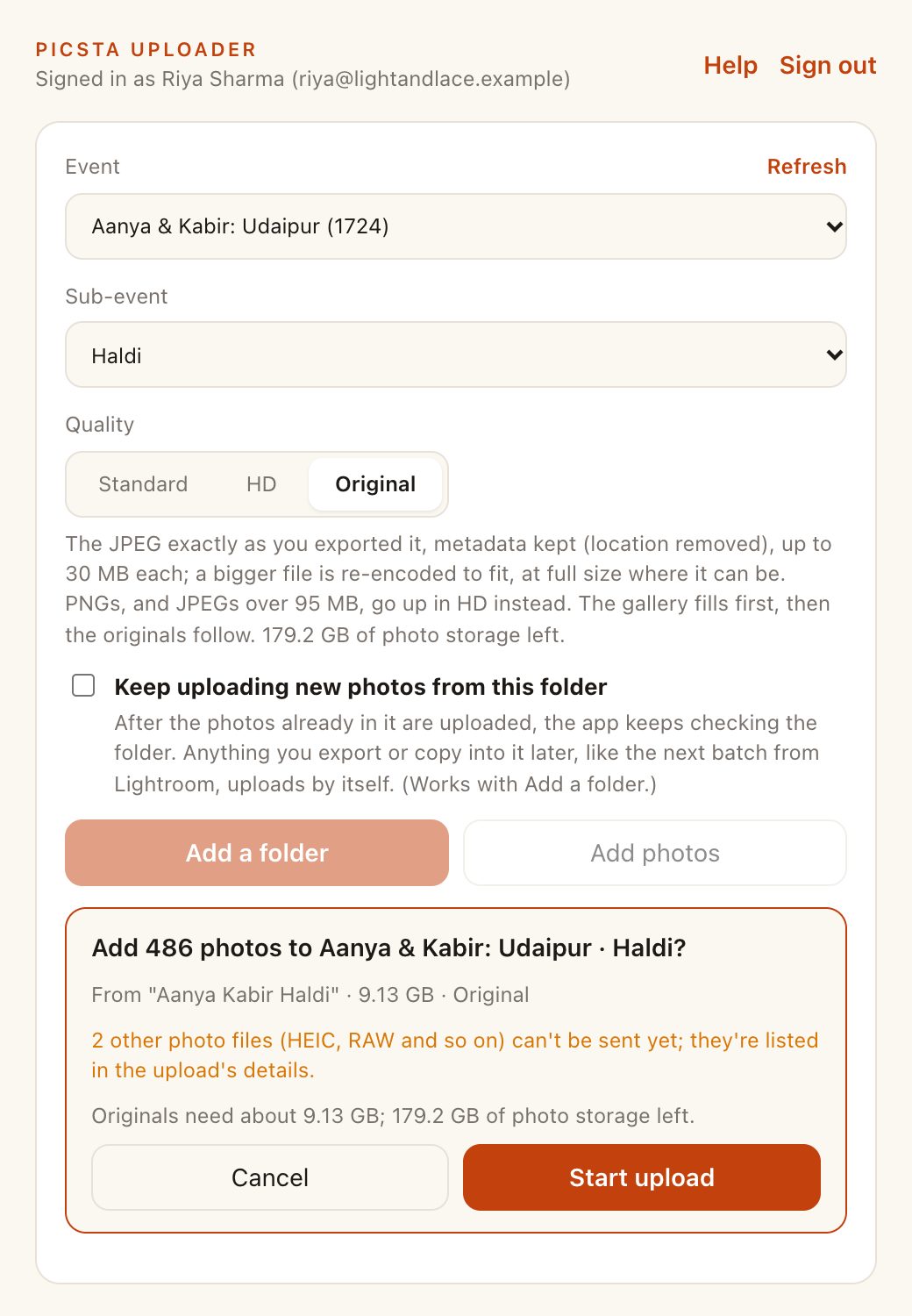 The summary before uploading: 486 photos to the Haldi sub-event
