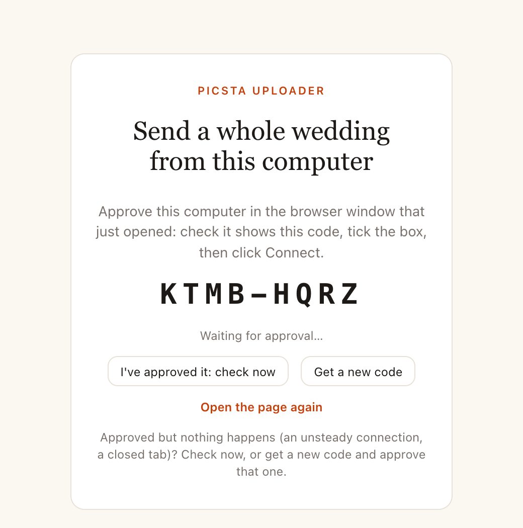 Picsta Uploader showing a code while it waits for approval