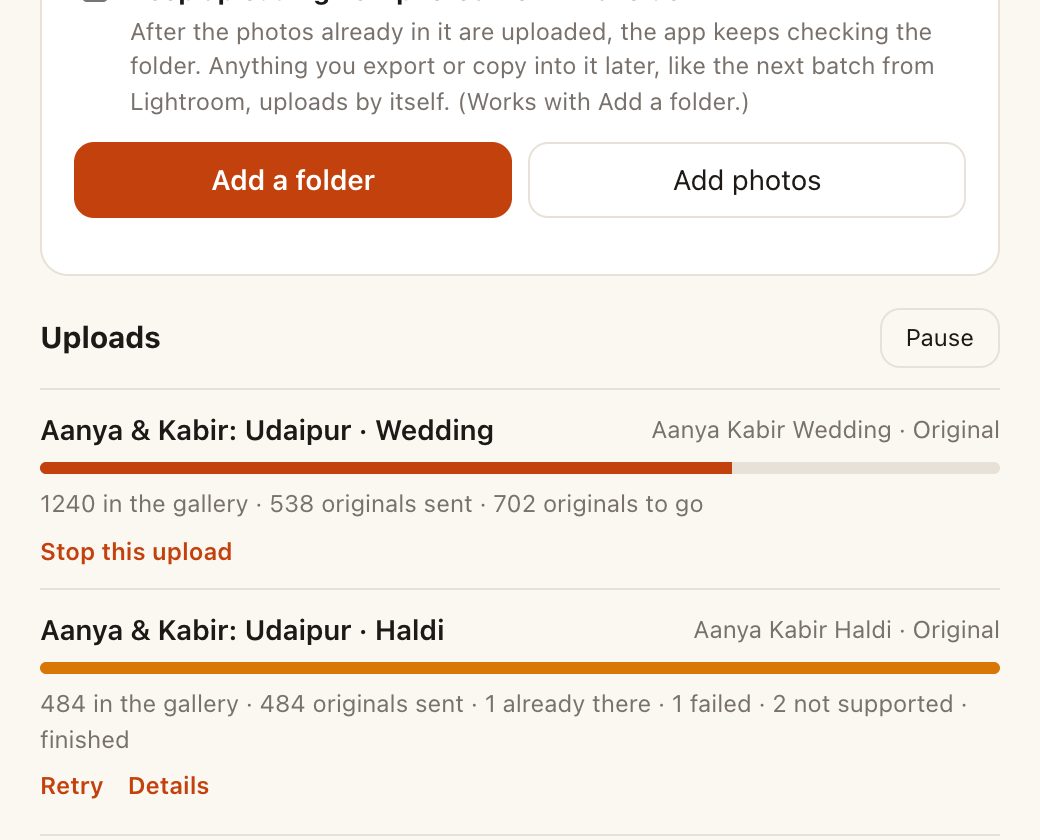 Two uploads: one sending originals, one finished